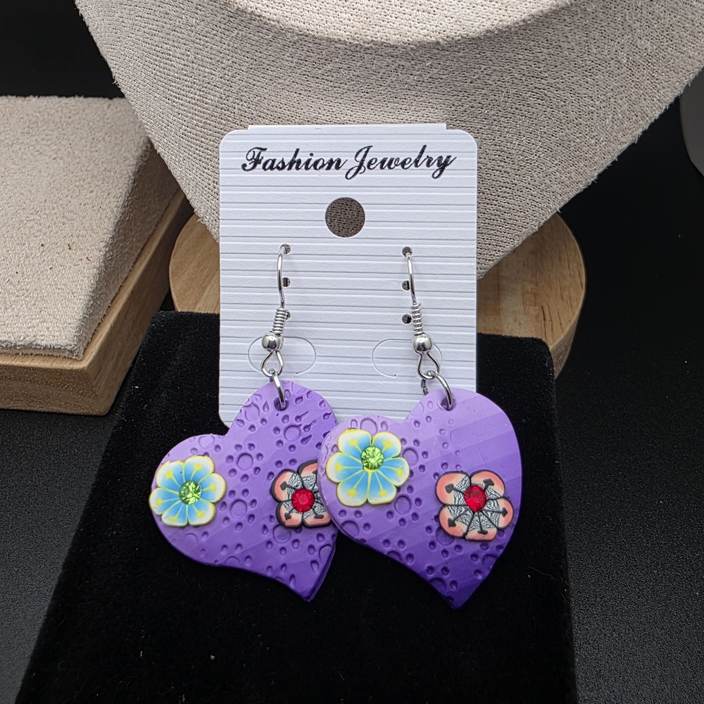 (3 FOR $12) Purple Heart Earrings with Floral Design (1407)